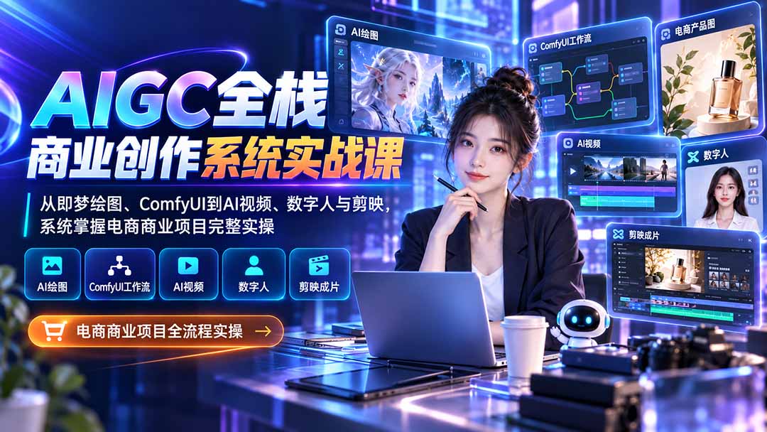 AIGC全栈商业创作系统实战课-无水印：从即梦绘图、ComfyUI到AI视频、数字人与剪映，系统掌握电商商业项目完整实操-副业网