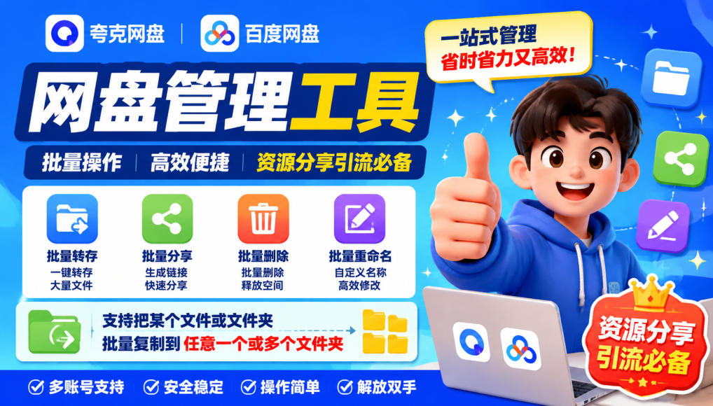 夸克网盘批量文件重命名，批量转存、批量分享、批量复制，内置AI功能-副业网