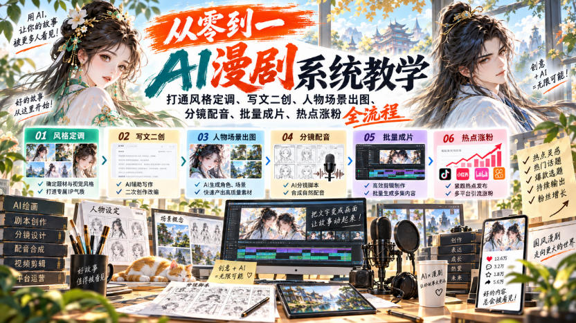 从零到一AI漫剧系统教学，打通风格定调、写文二创、人物场景出图、分镜配音、批量成片、热点涨粉全流程-副业网