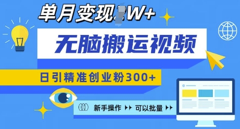 无脑搬运视频号可批量复制，新手即可操作，日引精准创业粉300+，月变现过W 【揭秘】-副业网