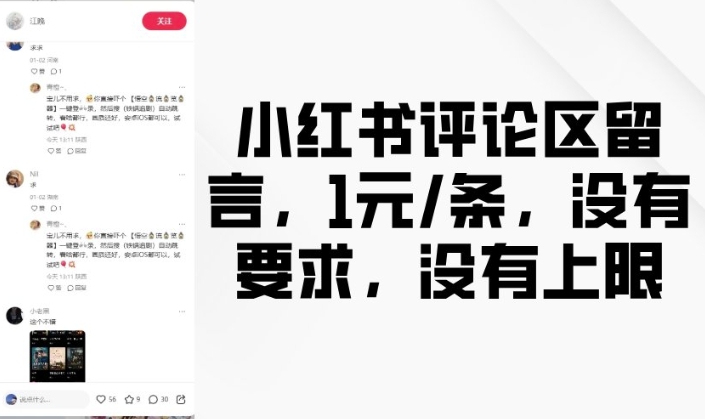 小红书评论区留言，1元条，没有要求，没有上限-副业网