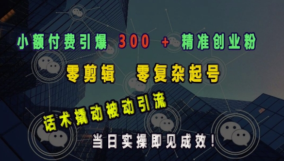 小额付费引爆 300 + 精准创业粉，零剪辑、零复杂起号，话术撬动被动引流，当日实操即见成效-副业网